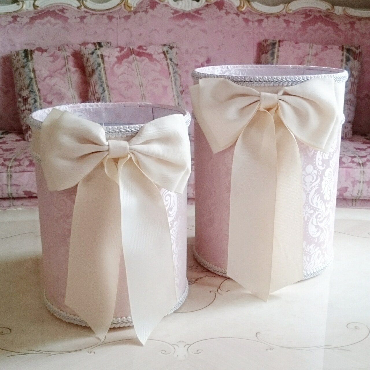 ジェニファーテイラー　リボンダストボックス２Ｐセット　Haruno　ピンク　【薔薇雑貨　ゴミ箱　ロココ　プリンセス　ヨーロピアン　リボン】