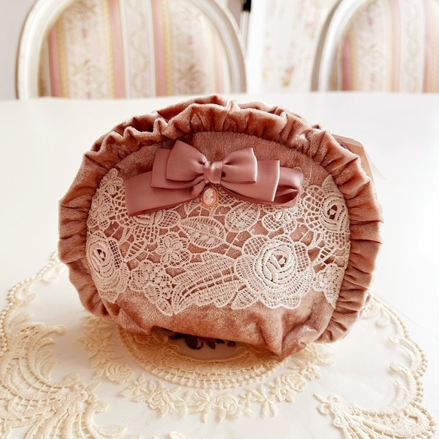 【メール便可】　薔薇レースベロアシェルポーチ　【薔薇雑貨　ローズ雑貨　姫系雑貨　小物入れ　カメオ　プリンセス　ロココ　ポーチ　ギフト】