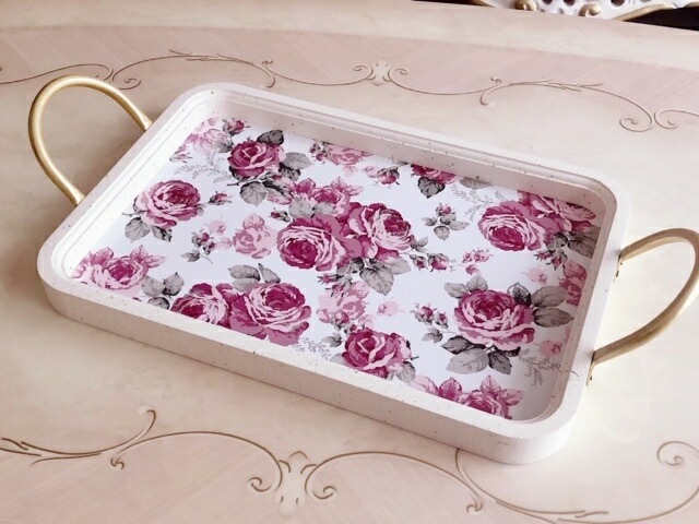 トレー（表面防水加工）　ルーシー　【薔薇雑貨　ローズ雑貨　姫系雑貨　インテリア雑貨　トレイ　お盆】