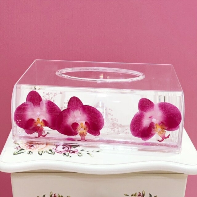 アクリルフラワー　ティッシュボックスケース　蘭　【薔薇雑貨　胡蝶蘭　オーキッド　サニタリーグッズ　水中花　造花　収納　ティッシュケース】