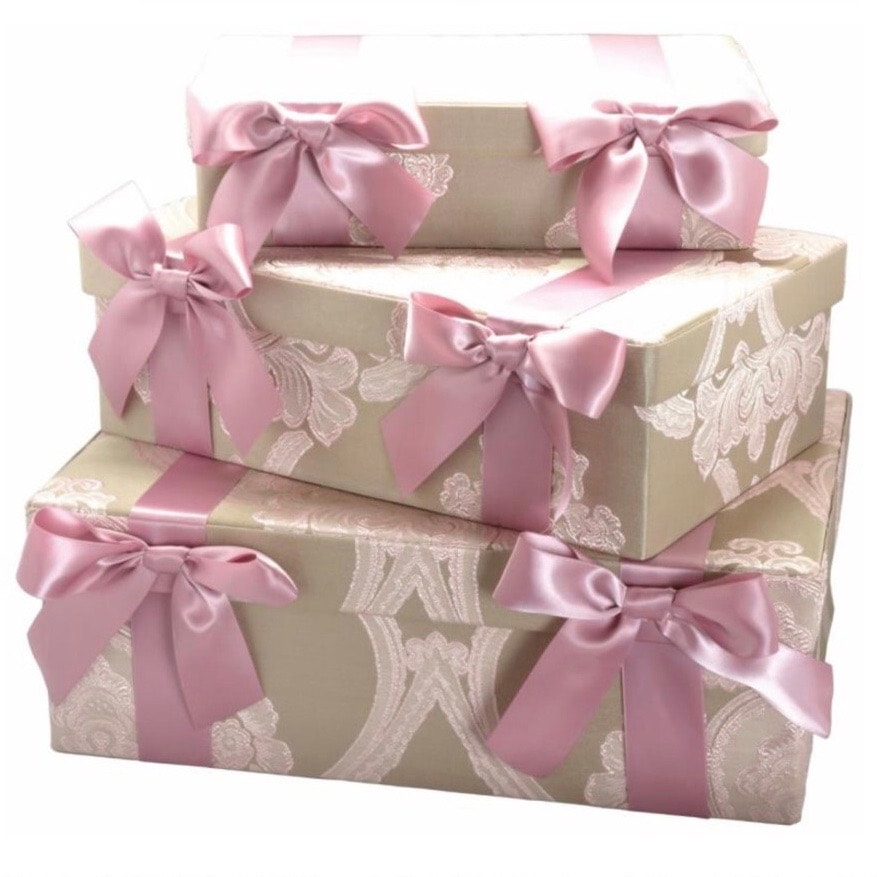 リボンボックス３Pセット　ピンク　【薔薇雑貨　ローズ雑貨　姫系雑貨　リボン　タッセル　レース　カルトナージュ　収納ケース】