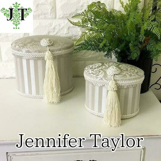 ジェニファーテイラー　タッセル付きオーバルボックス２Ｐセット　Haruno　グレー　【薔薇雑貨　ロココ　プリンセス　収納ボックス　リボン】