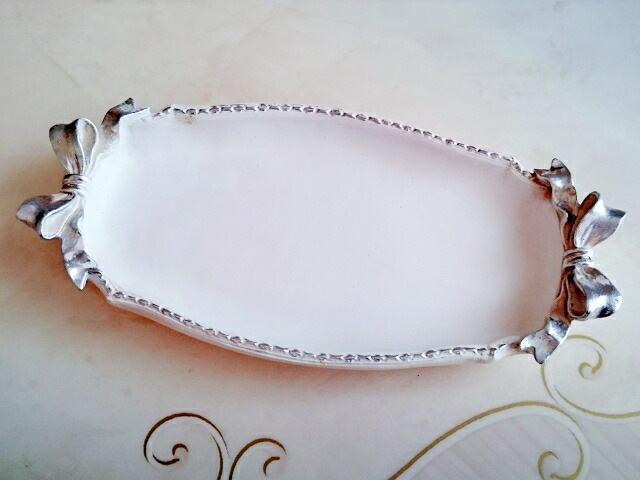 フランスアンティーク　ロココ花柄レースのアクセサリートレイ　薔薇　リボン フランスアンティーク ロココ花柄レースのアクセサリートレイ