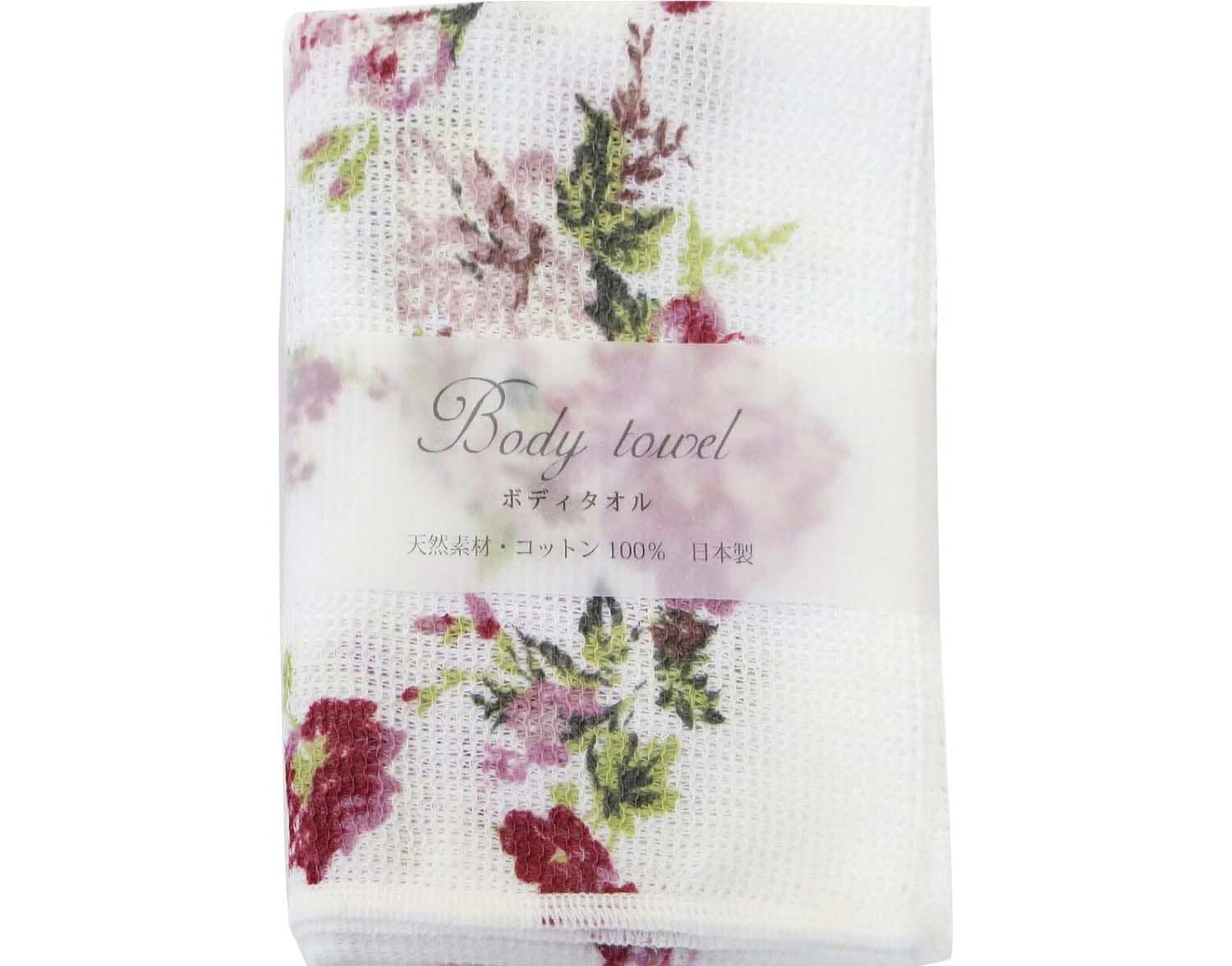 【メール便可】ボディタオル　ローラ　日本製　【薔薇雑貨　ローズ　花柄　バスグッズ　お風呂　サニタリー　ボディスポンジ　低刺激　綿　コットン】