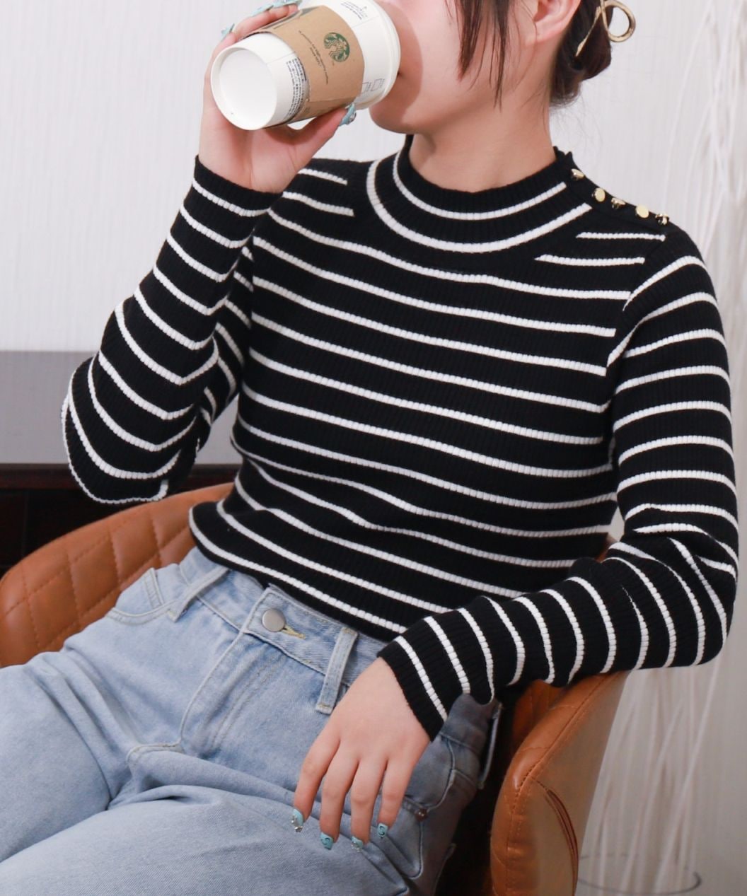 リベルモア|【洗濯機で洗える】ボーダーショルダーボタンリブニット