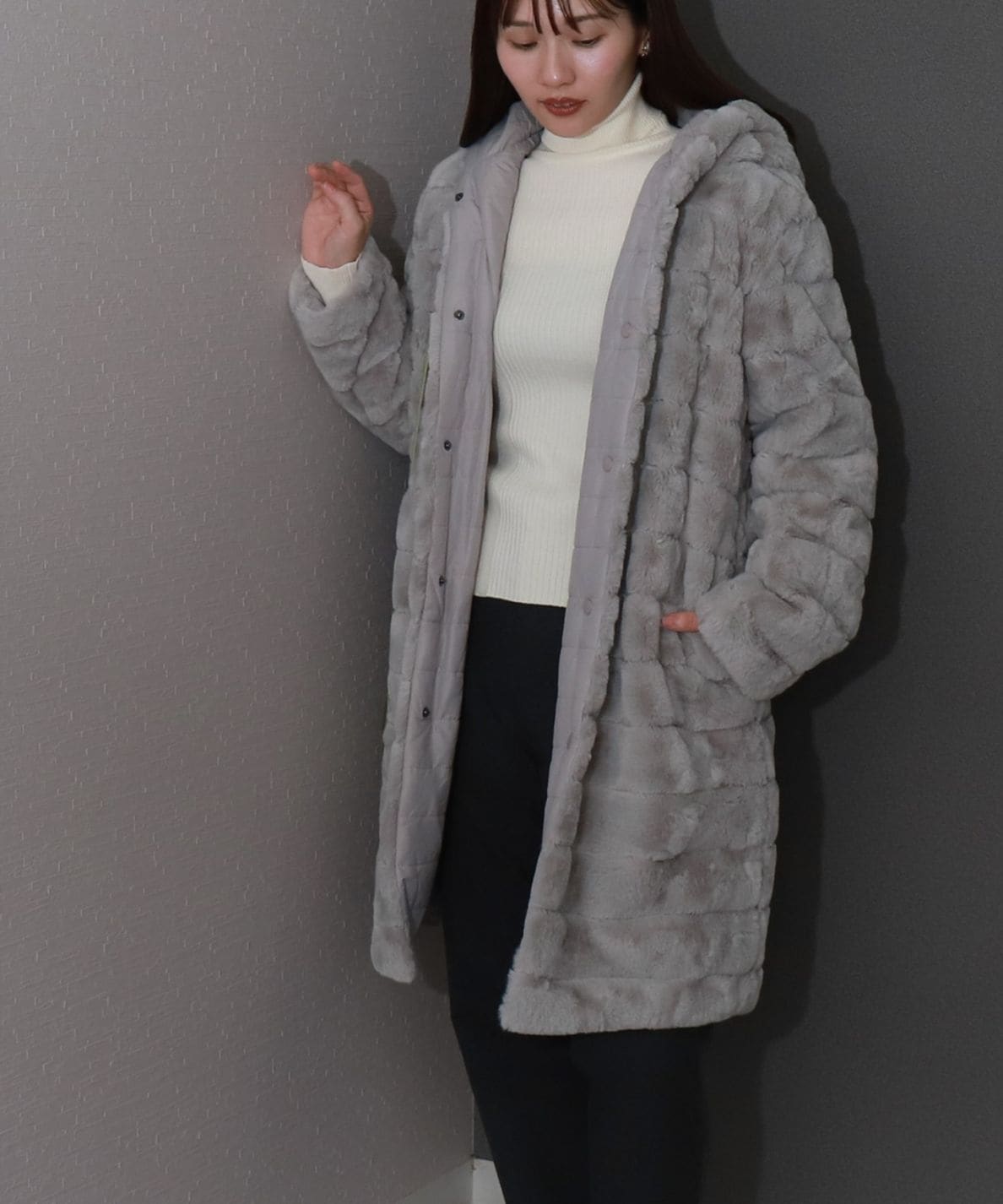 リベルモア|ボーダーフェイクファーリバーシブルロングコート|libelle more