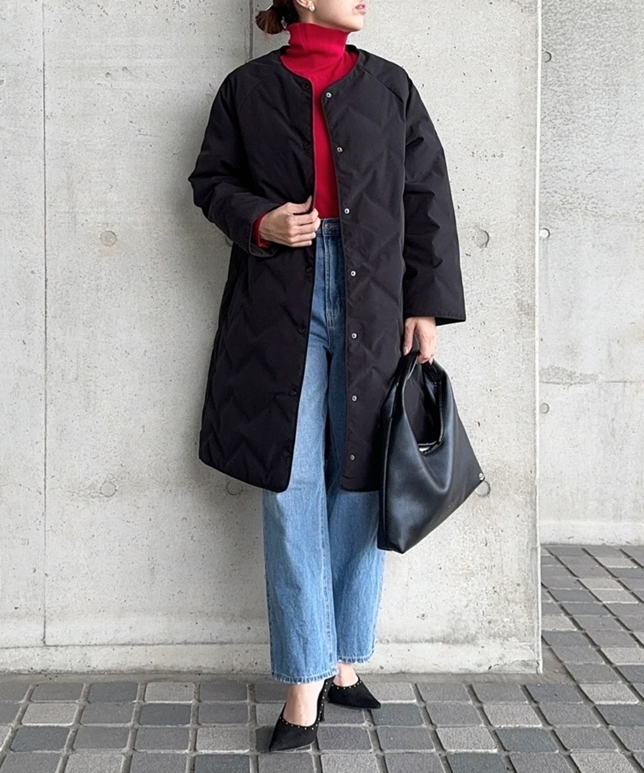 リベルモア|ノーカラーシームレスロングダウンコート|libelle more