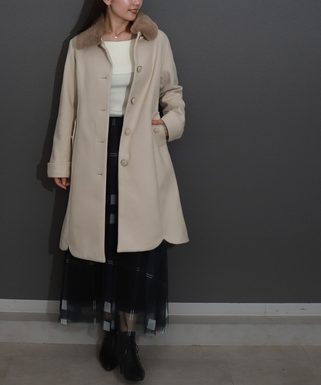 Chloé ヘリンボーンファー付きロングコート 40 Chloe（クロエ） カシミヤ スタンドカラー ロングコート 40 ブラック系