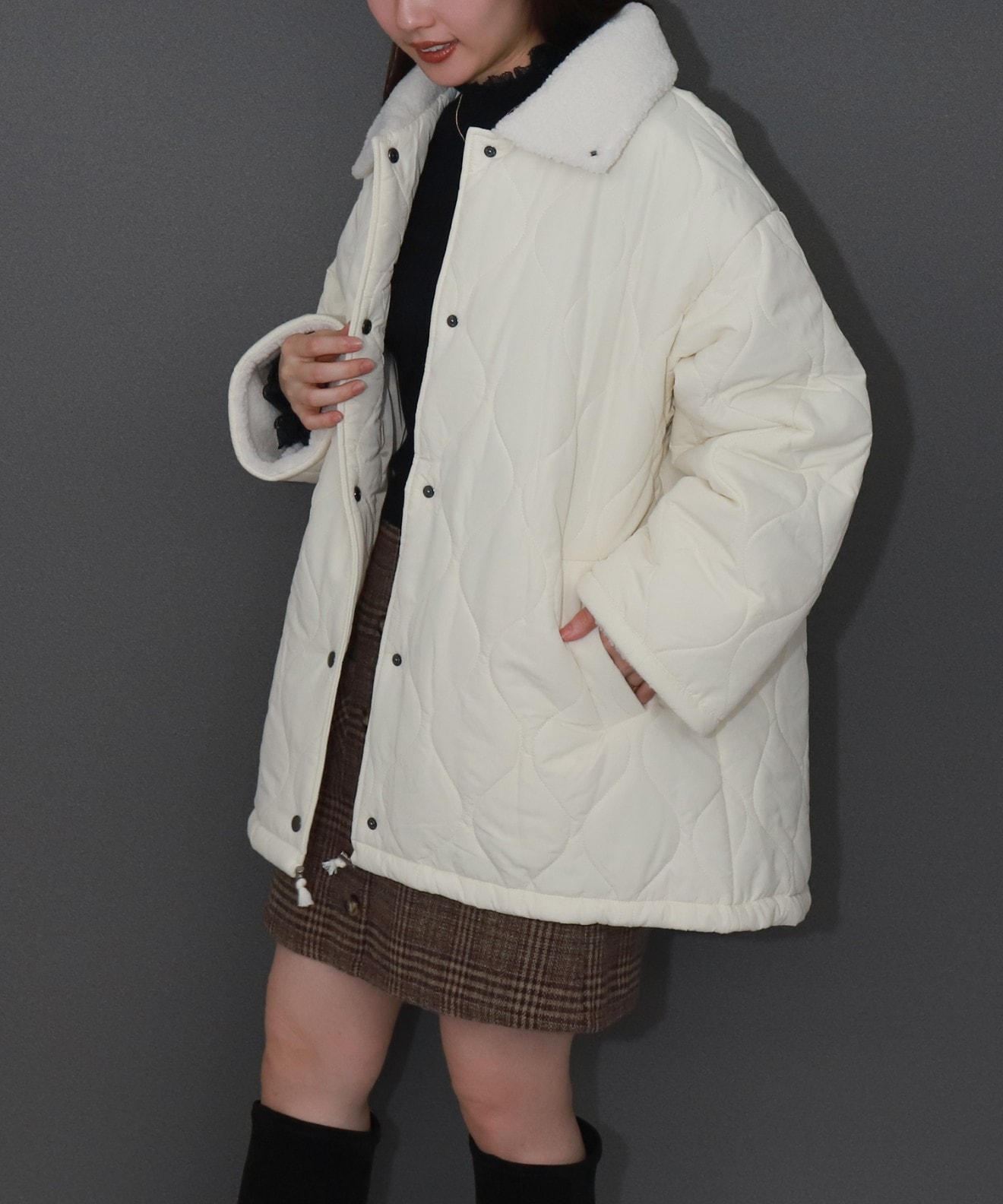 リベルモア|中綿×ボア ミドル丈キルティングコート|libelle more