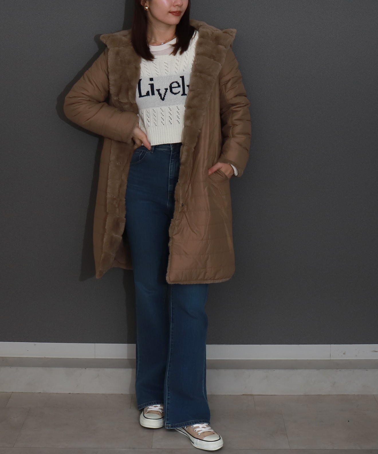 リベルモア|ボーダーフェイクファーリバーシブルロングコート|libelle more