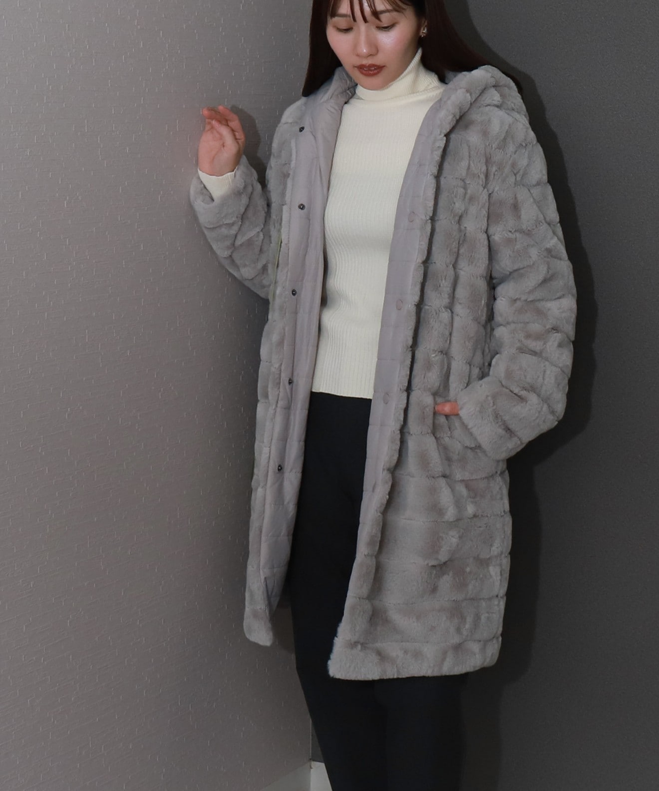 リベルモア|ボーダーフェイクファーリバーシブルロングコート|libelle more