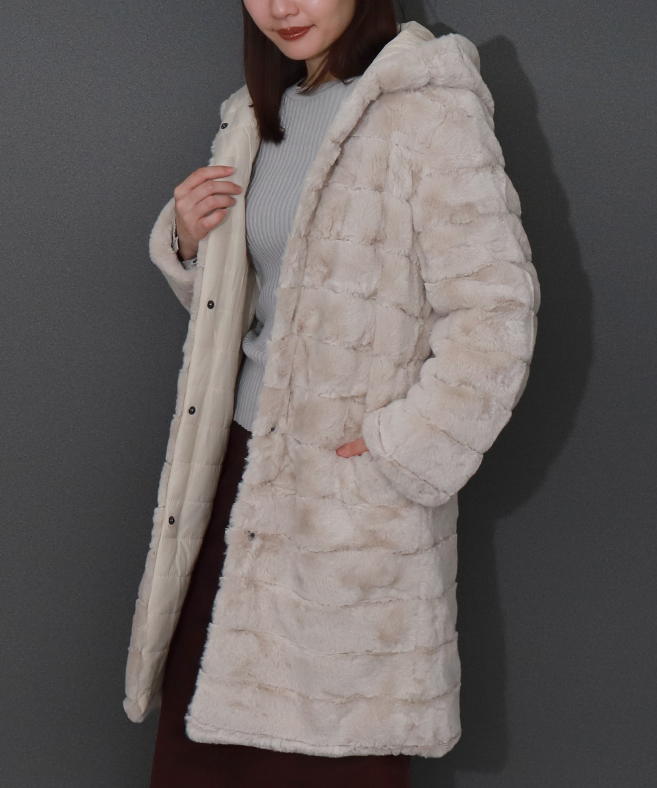 リベルモア|ボーダーフェイクファーリバーシブルロングコート|libelle more