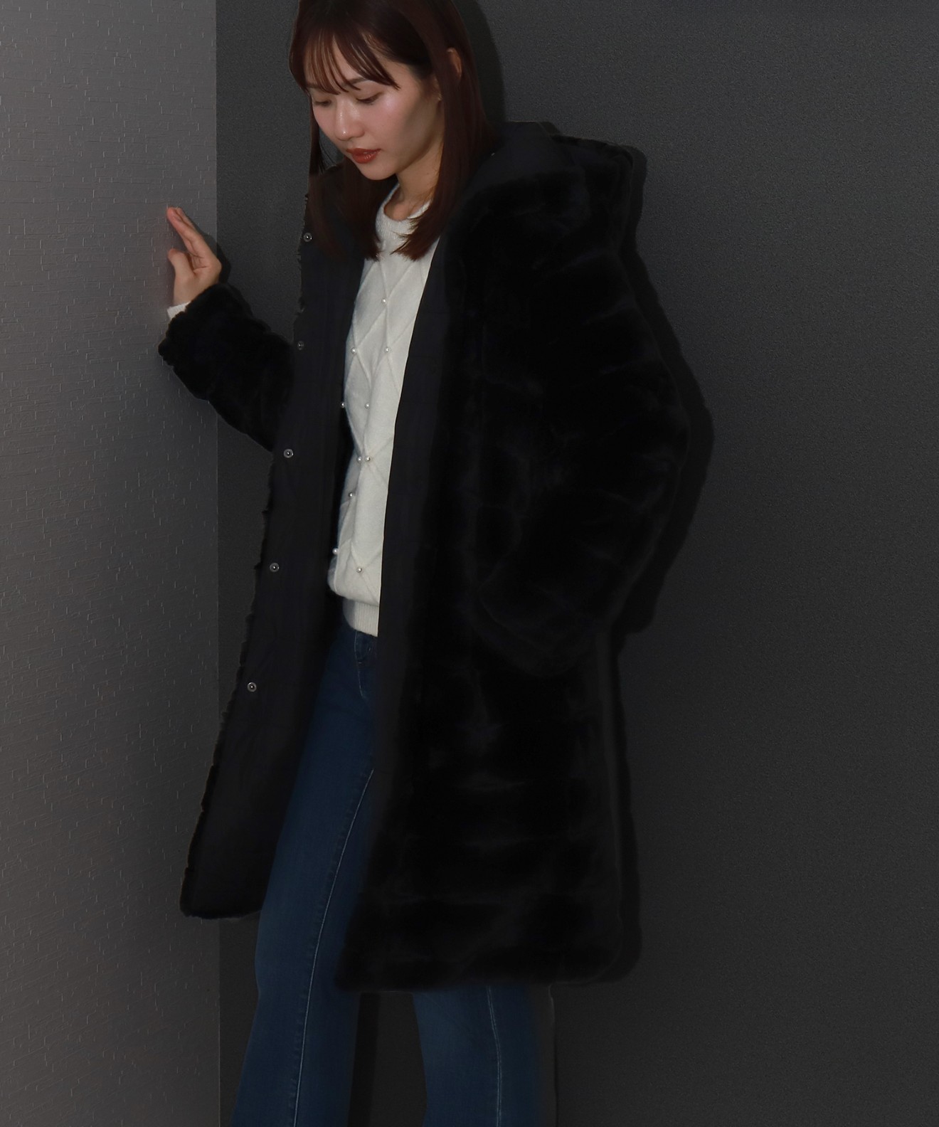 リベルモア|ボーダーフェイクファーリバーシブルロングコート|libelle more