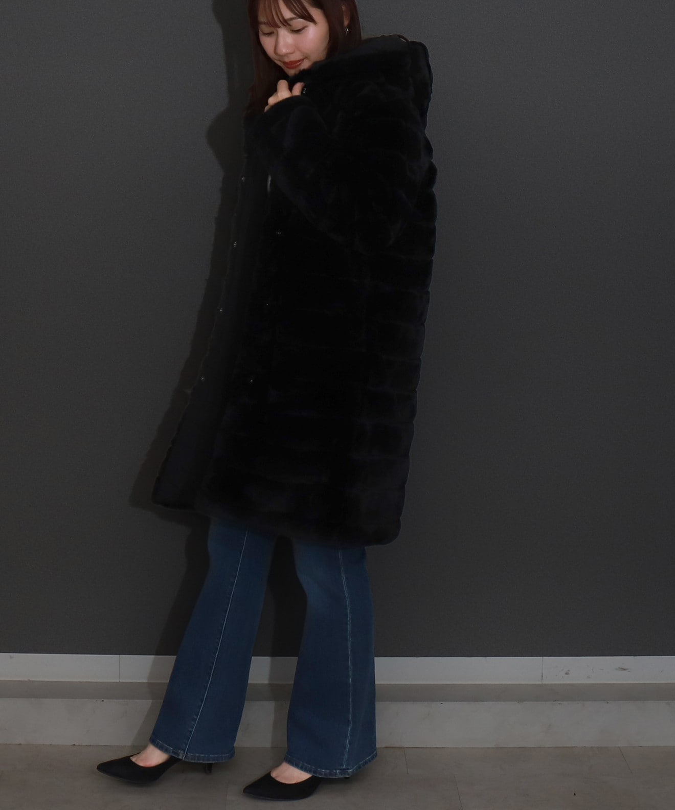 COMME CA DU MODE リバーシブル リアルファー ロング M リベルモア|ボーダーフェイクファーリバーシブルロングコート|libelle more