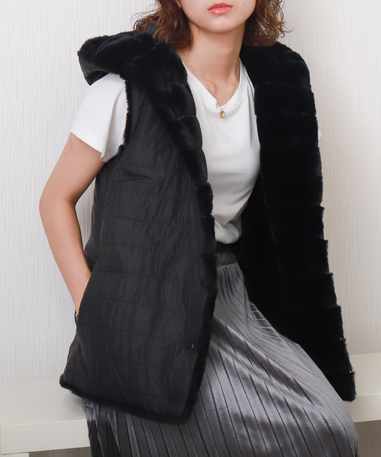 リベルモア|フェイクファー＆キルトリバーシブルフードベスト|libelle more