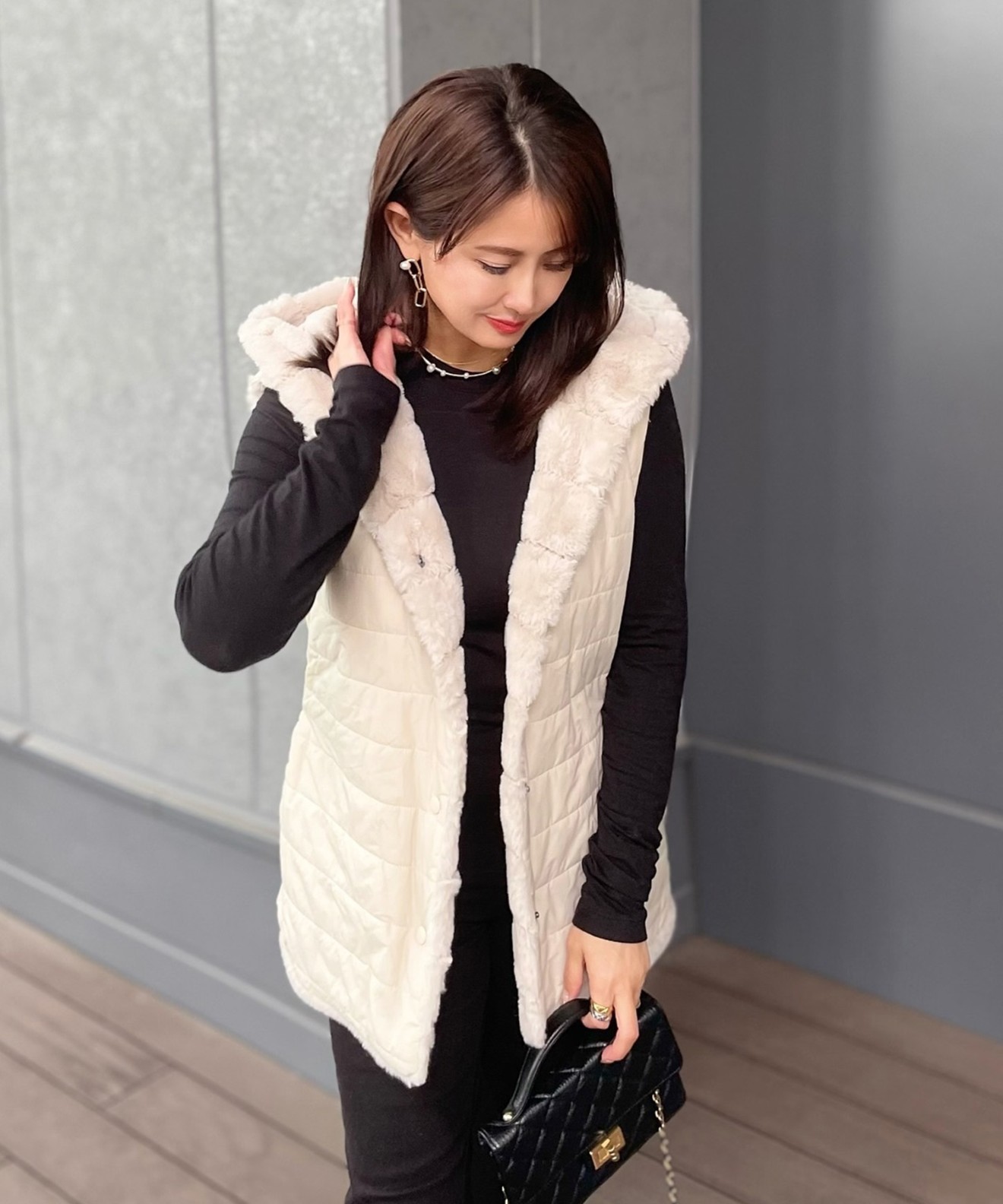 リベルモア|フェイクファー＆キルトリバーシブルフードベスト|libelle more