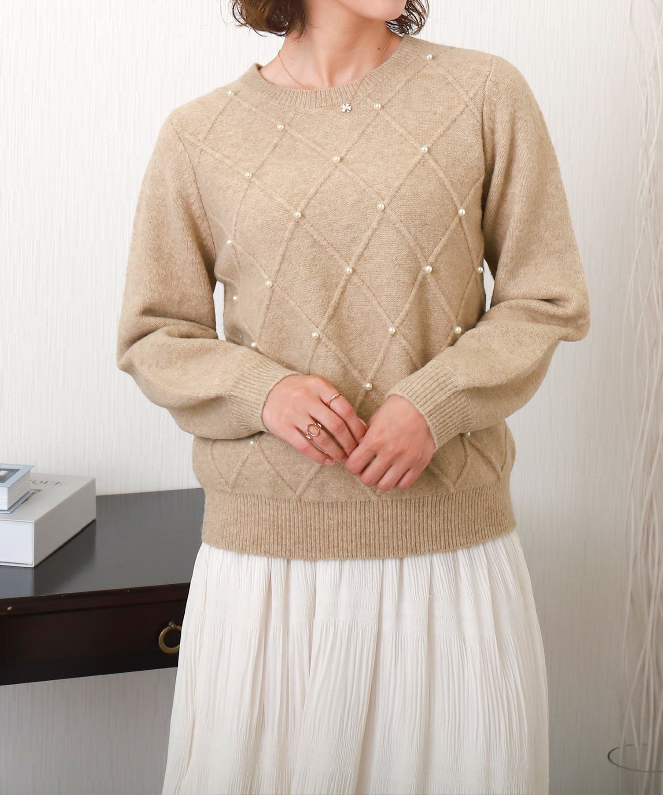 リベルモア|パール付きダイヤ柄ニット|libelle more