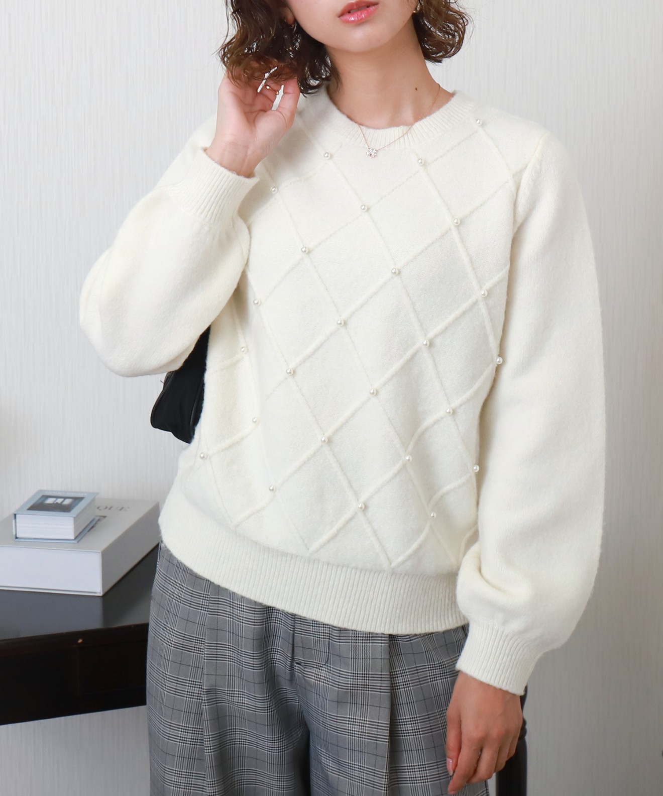 リベルモア|パール付きダイヤ柄ニット|libelle more