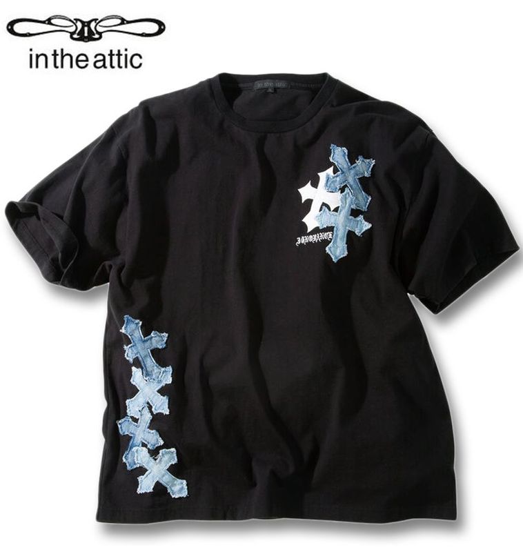 大きいサイズ in the attic デニムクロス パッチワーク 半袖 Tシャツ