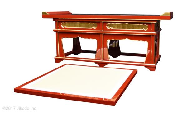 【寺院仏具】朱塗り　座用焼香机と礼盤セット　幅約120センチ　安心の国産品　自社工場にて製作　木製高級寺院仏具通販(受注生産品)(商品番号11076s)