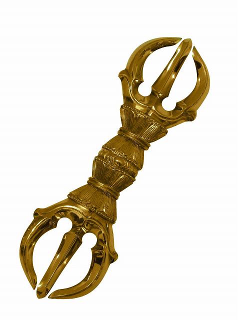 【寺院仏具】＜密教法具＞三鈷杵　中型　真鍮製　磨き　国産品　(受注生産品)（商品番号6125-1）