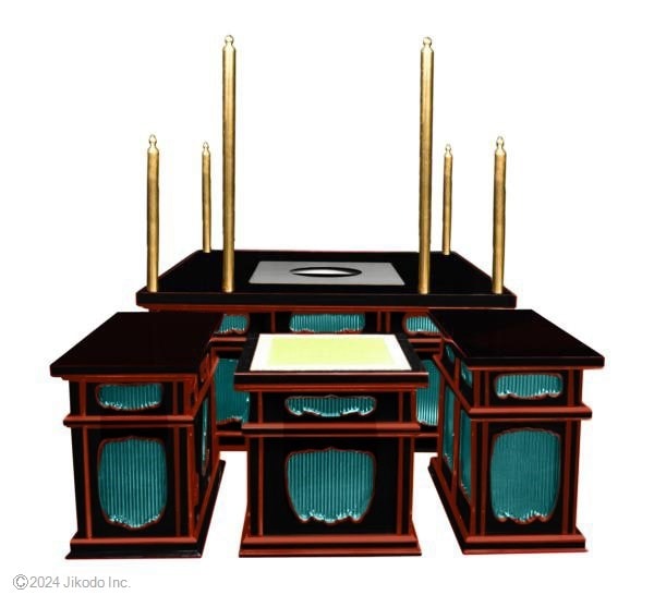 【寺院仏具】黒塗り面朱　3.5尺　二重椅子型護摩壇・大壇　脇机2台　密教法具　祈祷・供養・護摩焚き　国内自社工場制作の高級木製仏具(受注生産品)(商品番号61088km）