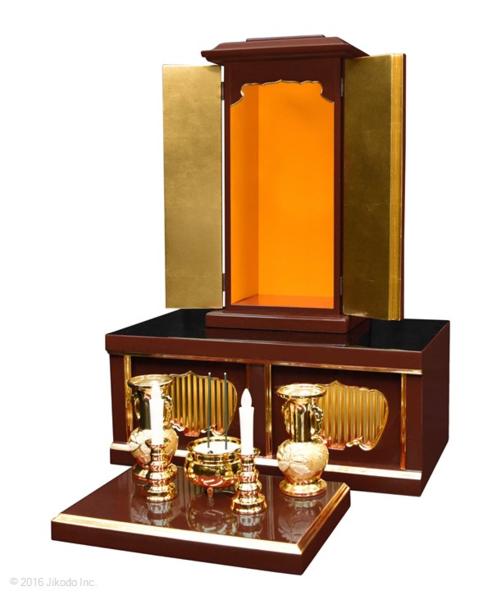 【寺院仏具】潤み塗り  角厨子14号と45cm二間仏像台 具足付フルセット 安心の自社工場製作品 高級木製寺院仏具(受注生産品)(商品番号20012u)