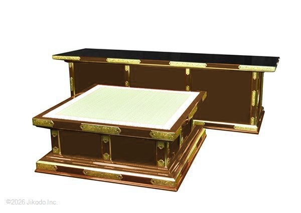 【寺院仏具】潤み塗り　金具付き向机(一重タイプ)と礼盤セット　幅120センチ　安心の国産寺院仏具　自社工場にて製作　木製高級寺院仏具通販(受注生産品)(商品番号10320u)