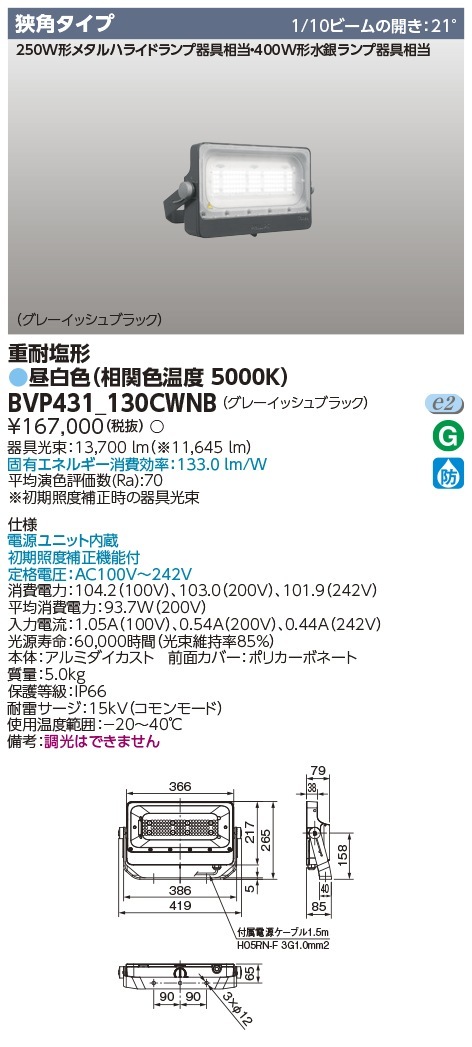 [法人限定] BVP431_130CWNB 東芝 LED 投光器 重耐塩形 狭角配光 昼白色 [ BVP431130CWNB ]|投光器