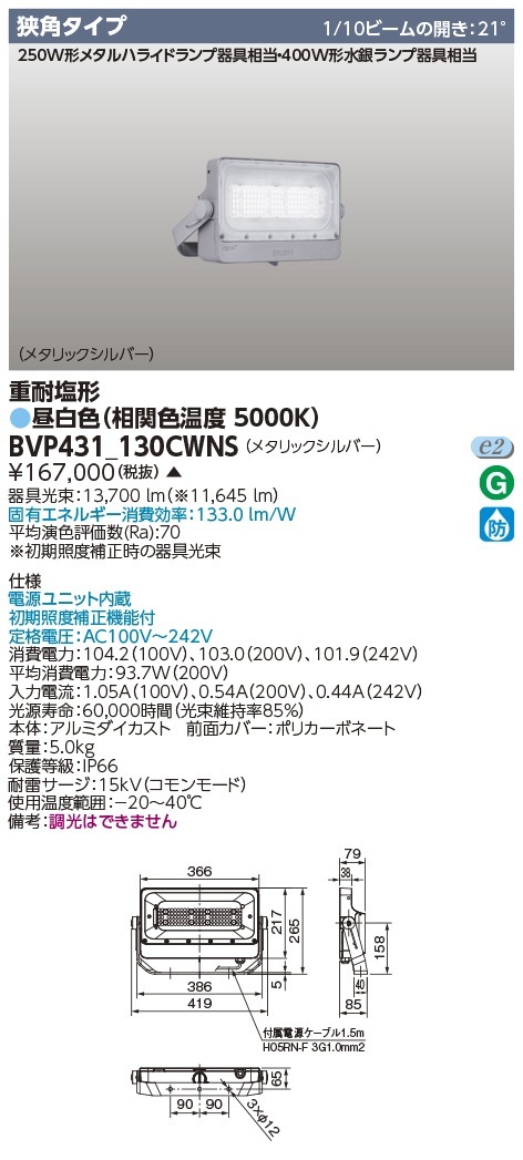 [法人限定] BVP431_130CWNS 東芝 LED 投光器 重耐塩形 狭角配光 昼白色 ※受注生産品  [ BVP431130CWNS ]|投光器