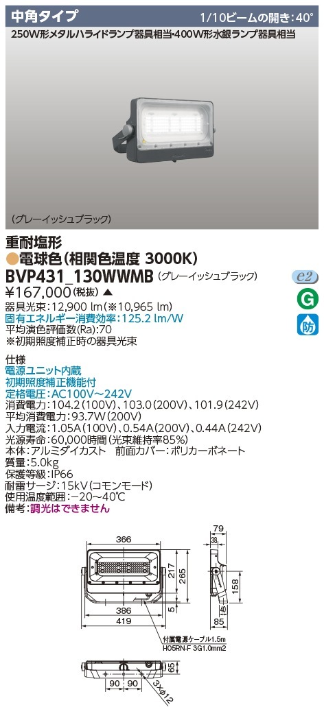[法人限定] BVP431_130WWMB 東芝 ※受注品 LED 投光器 重耐塩形 中角配光 電球色 ※受注生産品  [ BVP431130WWMB ]|投光器
