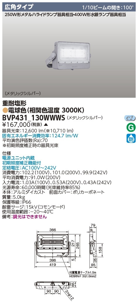 [法人限定] BVP431_130WWWS 東芝 ※受注品 LED 投光器 重耐塩形 広角配光 電球色 ※受注生産品  [ BVP431130WWWS ]|投光器