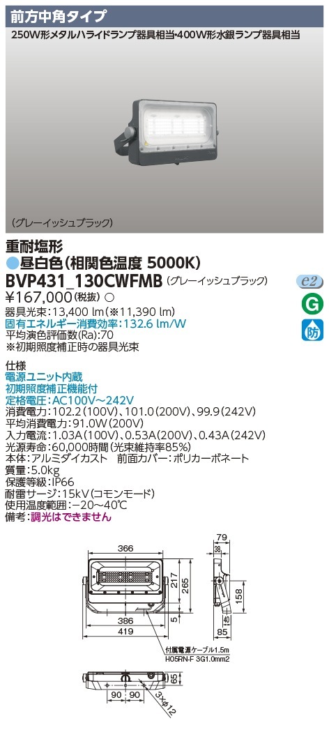 [法人限定] BVP431_130CWFMB 東芝 LED 投光器 重耐塩形 前方中角配光 昼白色 [ BVP431130CWFMB ]|投光器