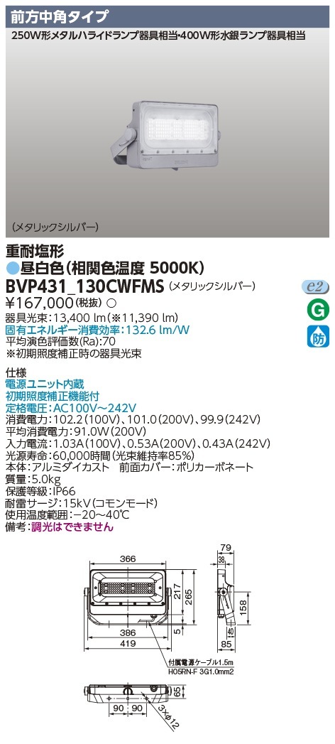 [法人限定] BVP431_130CWFMS 東芝 LED 投光器 重耐塩形 前方中角配光 昼白色 [ BVP431130CWFMS ]|投光器