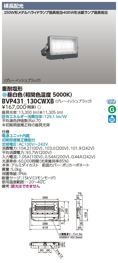 [法人限定] BVP431_130CWXB 東芝 LED 投光器 重耐塩形 横長配光 昼白色 [ BVP431130CWXB ]|投光器