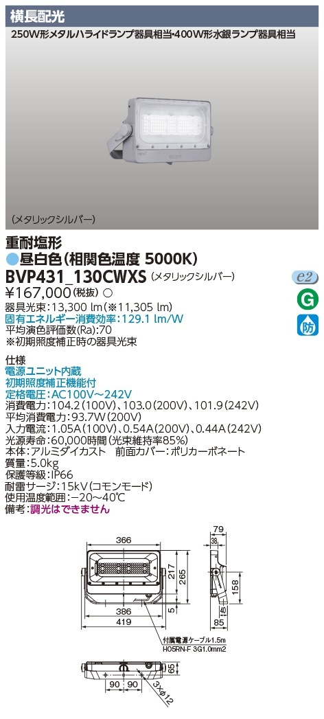 [法人限定] BVP431_130CWXS 東芝 LED 投光器 重耐塩形 横長配光 昼白色 [ BVP431130CWXS ]|投光器