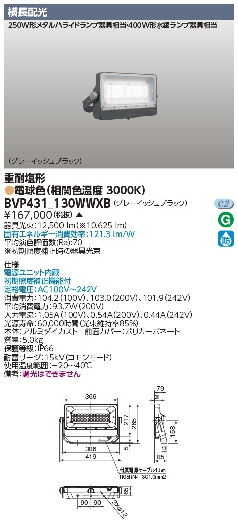 [法人限定] BVP431_130WWXB 東芝 ※受注品 LED 投光器 重耐塩形 横長配光 電球色 ※受注生産品  [ BVP431130WWXB ]|投光器