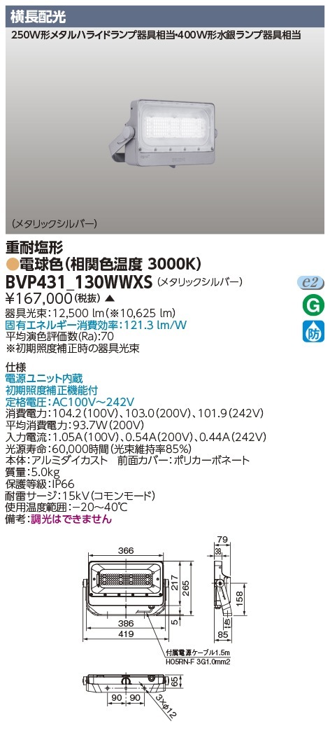 [法人限定] BVP431_130WWXS 東芝 ※受注品 LED 投光器 重耐塩形 横長配光 電球色 ※受注生産品  [ BVP431130WWXS ]|投光器