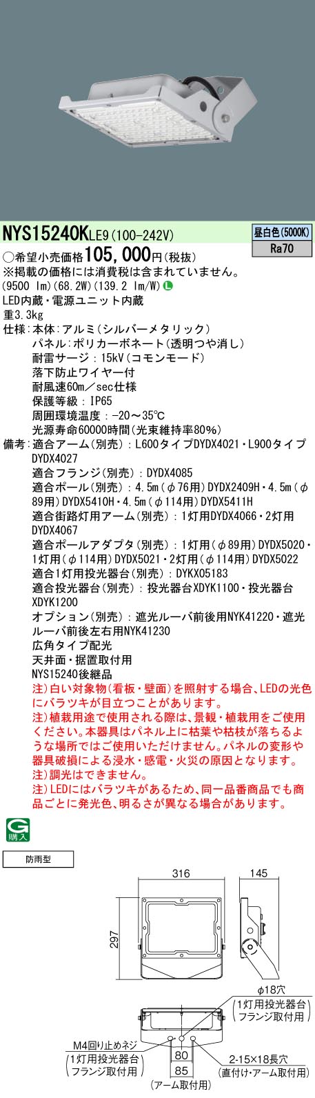 法人限定][即納在庫有り]NYS15240K LE9 パナソニック LED投光器