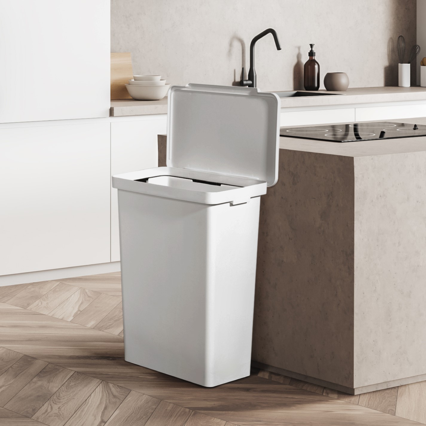 ライクイット製屋外でも使えるダストボックス52ワイドがキッチンに設置されている様子：室内に置いても大容量化つインテリアに馴染んでいる