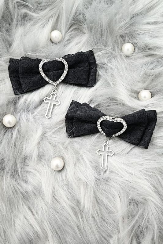 【MA*RS】クロス×ハートレース重ねクリップ2個SET - ブラック size-F