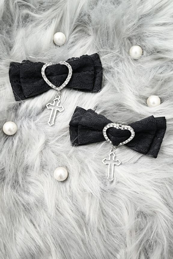 MA*RS】クロス×ハートレース重ねクリップ2個SET - ブラック size-F