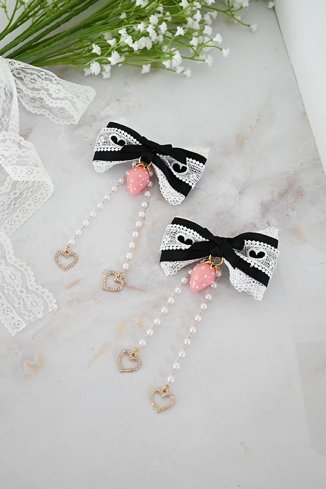 地雷 マーズ レース リボン ハート チャーム オフショル セットアップ ❤︎ Princess Melody】いちご×ハートレースりぼん2個SET - BLK