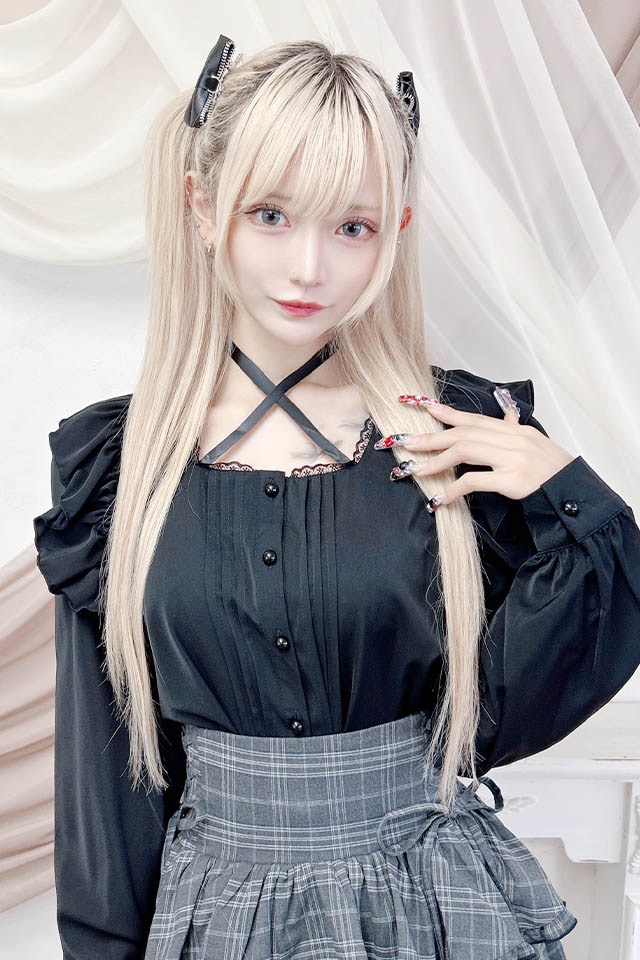 MA*RS】サテンリボン付きフリルブラウス - BLK/BLK size-F