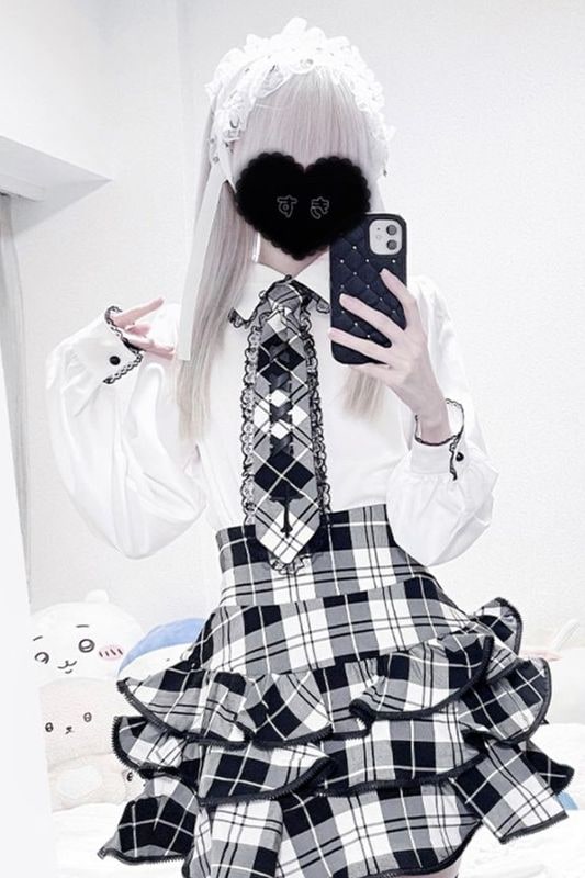 地雷 マーズ セーラー ブラウス チェック スカパン 十字架 セットアップ 地雷 マーズ セーラー クロス ブラウス 十字架 リボン スカパン