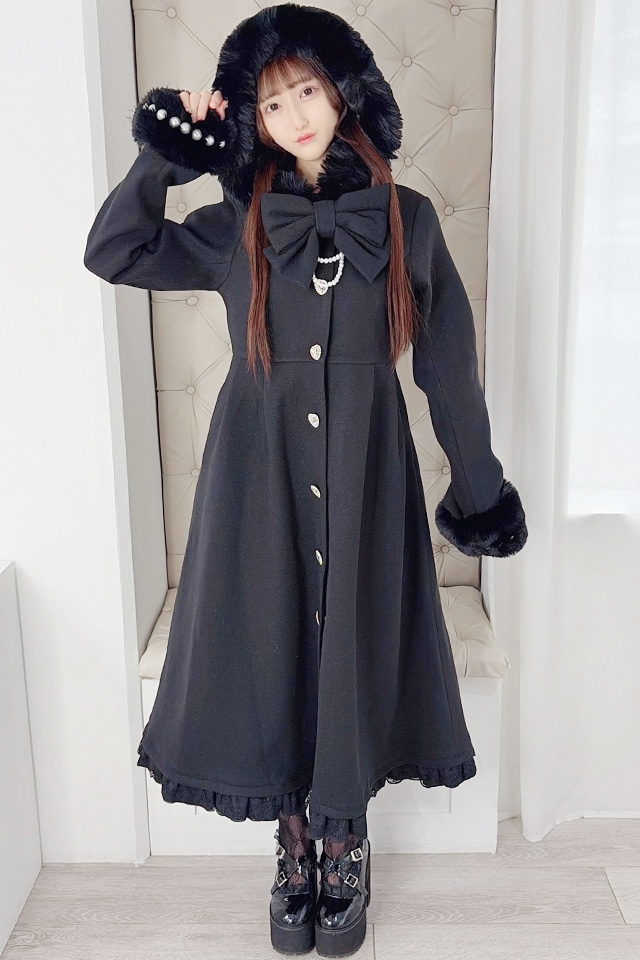 Princess Melody】りぼんタイ付きフードマキシコート - ブラック size