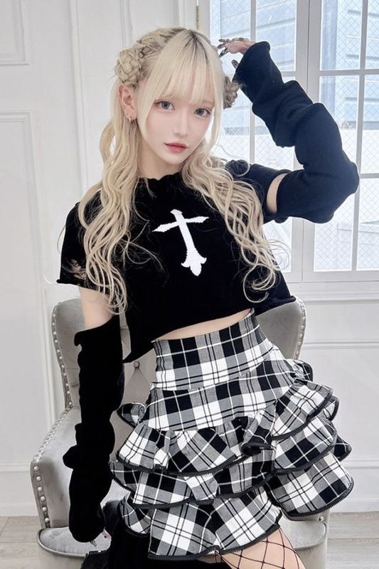 【MA*RS】クロス刺繍クラッシュショートニット - ブラック size-F