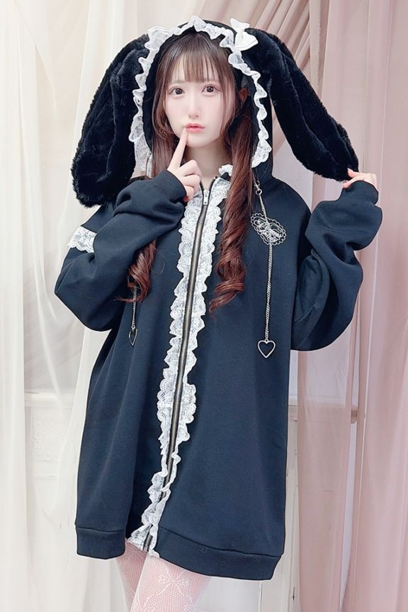 Princess Melody】うさみみファー裏起毛パーカー - BLK/ホワイト size