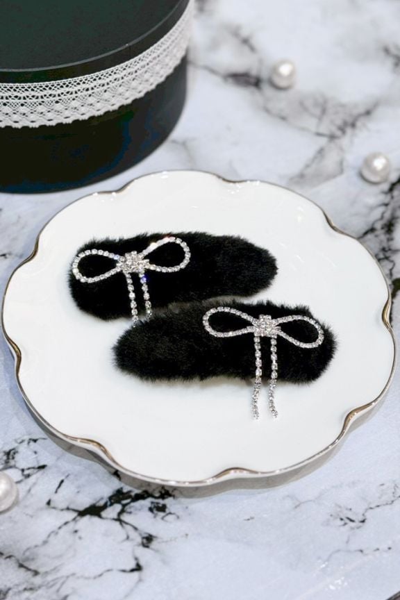 Princess Melody】ビジューリボンファークリップ2個SET - ブラック