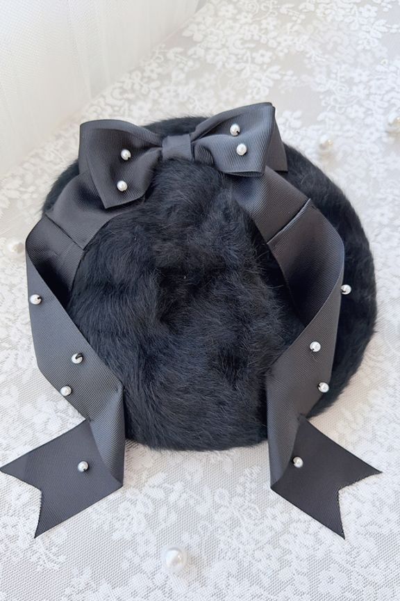 Princess Melody】パールりぼんシャギーベレー帽 - ブラック size-F